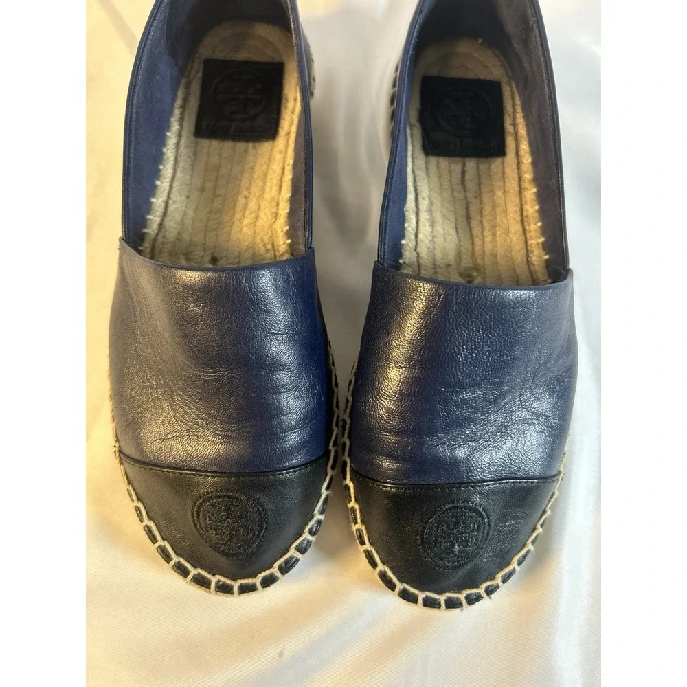Tory Burch Women Navy Black Leather Cap Toe Espadrille Flats Sz 7 Elegant Preppy